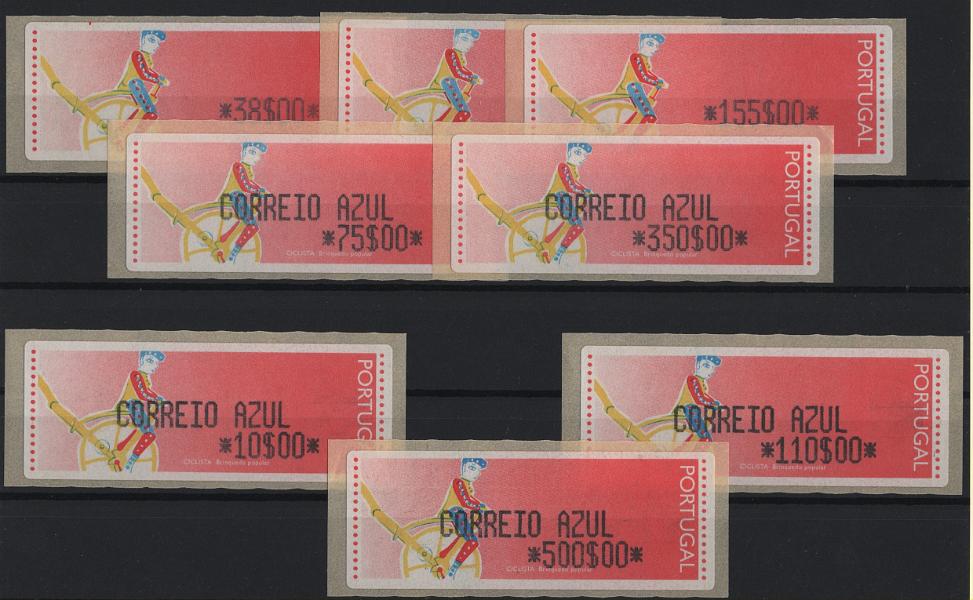 2612.jpg -     Lote:    2612      Lotes pelo Correio      Portugal       Descrição:         1992 &mdash; Brinquedos Populares. Ciclista. Máquina CROUZET. CE ETQ6. Série completa para o correio ordinário e correio azul + 3 etiquetas de correio azul com as taxas de 10$00, 110$00 e 500$00. Valor de catálogo superior a &euro; 116,00.        ETQ       Valor Base:     &euro; 18,00     Valor Venda:     &euro;      