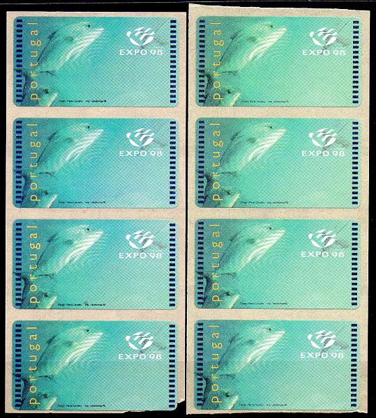 2621.jpg -     Lote:    2621      Lotes pelo Correio      Portugal       Descrição:         1998 &mdash; EXPO'98. CE ETQ15. Lote com duas tiras de 4 etiquetas cada, sem impressão do valor.        ETQ       Valor Base:     &euro; 5,00     Valor Venda:     &euro;      