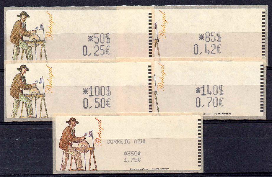 2622.jpg -     Lote:    2622      Lotes pelo Correio      Portugal       Descrição:         1999 &mdash; O Amolador. CE ETQ18A * dupla fixação de taxa. Série incompleta com os seguintes 50$/0,25 + 85$/0,42 + 100$/0,50 + 140$/0,70 e CA 350$/1,75. Valor de catálogo &euro; 132,05.        ETQ       Valor Base:     &euro; 12,00     Valor Venda:     &euro;      