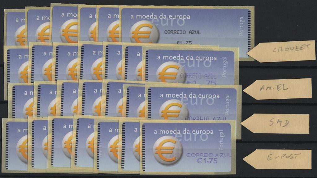 2626.jpg -     Lote:    2626      Lotes pelo Correio      Portugal       Descrição:         2002 &mdash; Símbolo do Euro. CE ETQ 23/24. Lote de 4 séries com as taxas referentes ao ano de 2002, incluindo correio ordinário e correio azul das máquinas CROUZET, AMIEL (com ponto), SMD e E-POST. Valor de catálogo &euro; 144,00.        ETQ       Valor Base:     &euro; 15,00     Valor Venda:     &euro;      