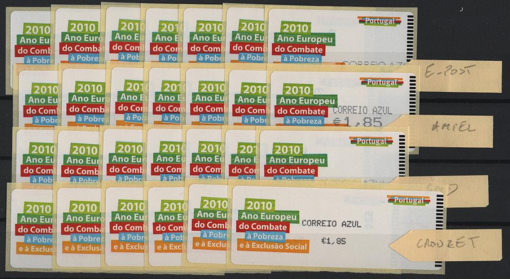 2641.jpg -     Lote:    2641      Lotes pelo Correio      Portugal       Descrição:         2010 &mdash; Ano Europeu de Combate á Pobreza. CE ETQ 51/52. Lote de 4 séries com as taxas referentes ao ano de 2010, incluindo correio ordinário e correio azul das máquinas CROUZET, AMIEL (com vírgula), SMD e E-POST. Valor de catálogo &euro; 52,70.        ETQ       Valor Base:     &euro; 6,00     Valor Venda:     &euro;      