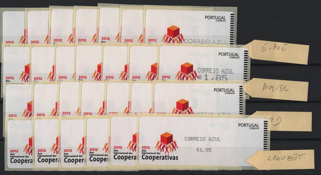 2645.jpg -     Lote:    2645      Lotes pelo Correio      Portugal       Descrição:         2012 &mdash; Ano Internacional das Cooperativas. CE ETQ 59/60. Lote de 4 séries com as taxas referentes ao ano de 2010, incluindo correio ordinário e correio azul das máquinas CROUZET, AMIEL (com vírgula), SMD e E-POST. Valor de catálogo &euro; 45,00.        ETQ       Valor Base:     &euro; 5,00     Valor Venda:     &euro;      