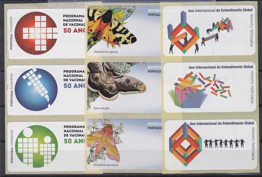 2646.jpg -     Lote:    2646      Lotes pelo Correio      Portugal       Descrição:         2015/2016 &mdash; Programa Nacional de vacinação + Borboletas + Ano Internacional do Entendimento Global. ETQ70. Lote de 3 tiras com 3 etiquetas cada com as diferentes variedades no verbo suporte, sem impressão de taxa.        ETQ       Valor Base:     &euro; 10,00     Valor Venda:     &euro;      
