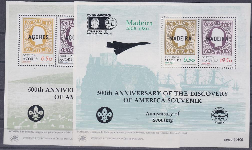2662.jpg -     Lote:    2662      Lotes pelo Correio      Portugal       Descrição:         1980 &mdash; Evocação da Primeira Emissão dos Açores e da Madeira. BLC 29/30. Os dois blocos com a sobrecarga "WORLD COLUMBIAN / STAMP EXPO'92"".        BLC***       Valor Base:     &euro; 10,00     Valor Venda:     &euro;      