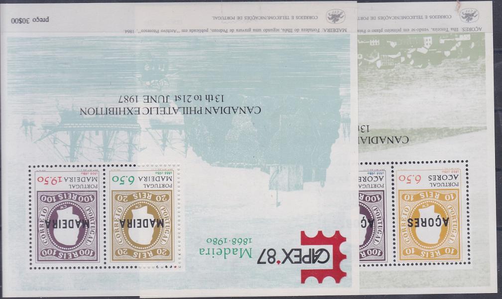 2665.jpg -     Lote:    2665      Lotes pelo Correio      Portugal       Descrição:         1980 &mdash; Evocação da Primeira Emissão dos Açores e da Madeira. BLC 29/30. Os dois blocos com a sobrecarga "CAPEX*87".        BLC***       Valor Base:     &euro; 10,00     Valor Venda:     &euro;      
