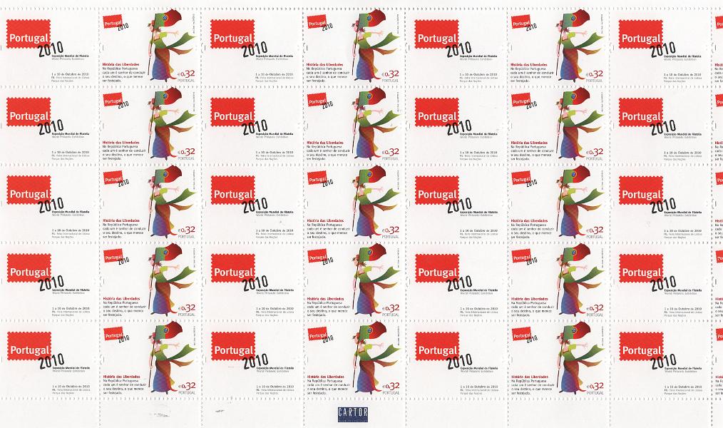 2688.jpg -     Lote:    2688      Lotes pelo Correio      Portugal       Descrição:         2010 &mdash; História das Liberdades - "Portugal 2010 - Exposição Mundial de Filatelia". CE FSC12.  Folha completa. Valor de catálogo &euro; 120,00.        FSC***       Valor Base:     &euro; 25,00     Valor Venda:     &euro;      