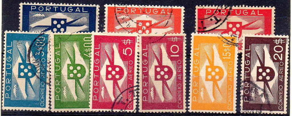 2702.jpg -     Lote:    2702      Lotes pelo Correio      Portugal       Descrição:         1936/41 &mdash; Correio aéreo. Hélice. CE CA1/9. Série incompleta (falta 50$00) usada. Valor de catálogo &euro; 80,00.        O       Valor Base:     &euro; 5,00     Valor Venda:     &euro;      