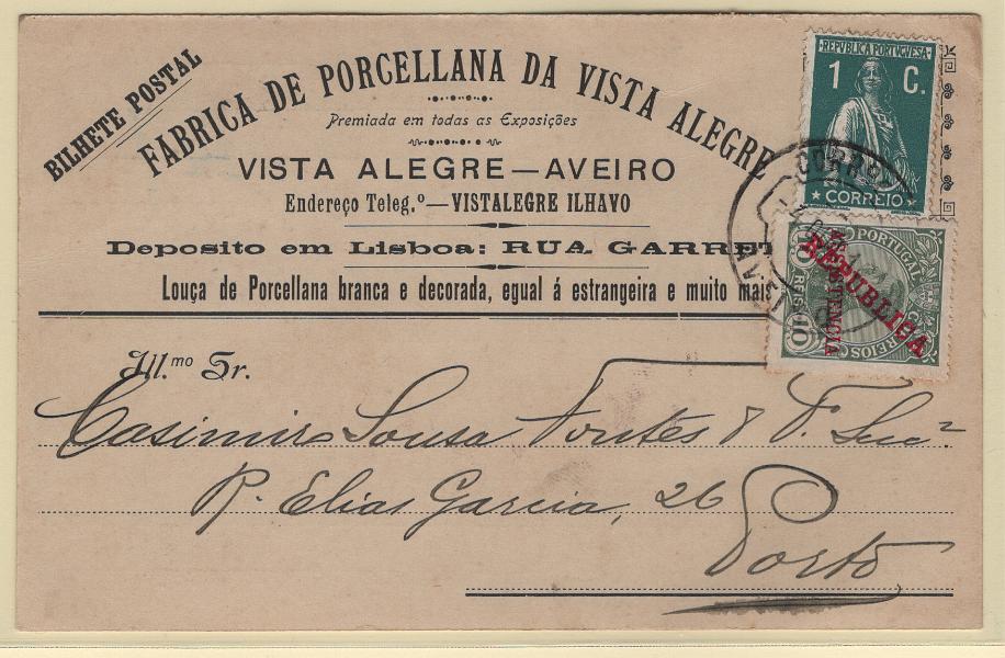 2706.jpg -     Lote:    2706      Lotes pelo Correio      Portugal       Descrição:         1911/12 &mdash; Imposto Postal * Assistência * D. Manuel II, com sobrecarga REPUBLICA + Ceres. Postal ilustrado circulado de Aveiro (04.10.12) para o Porto com selo de 1C CE208 e 10 reis CE IP1.        PI       Valor Base:     &euro; 12,00     Valor Venda:     &euro;      