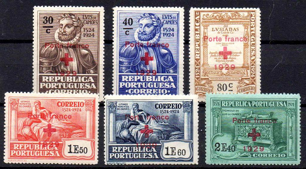 2712.jpg -     Lote:    2712      Lotes pelo Correio      Portugal       Descrição:         1929 &mdash; Porte franco. Cruz Vermelha Portuguesa. 4.º Centenário de Luís de Camões, com sobrecarga. CE 17/22. Série completa. Valor de catálogo &euro; 12,00.        **       Valor Base:     &euro; 4,00     Valor Venda:     &euro;      