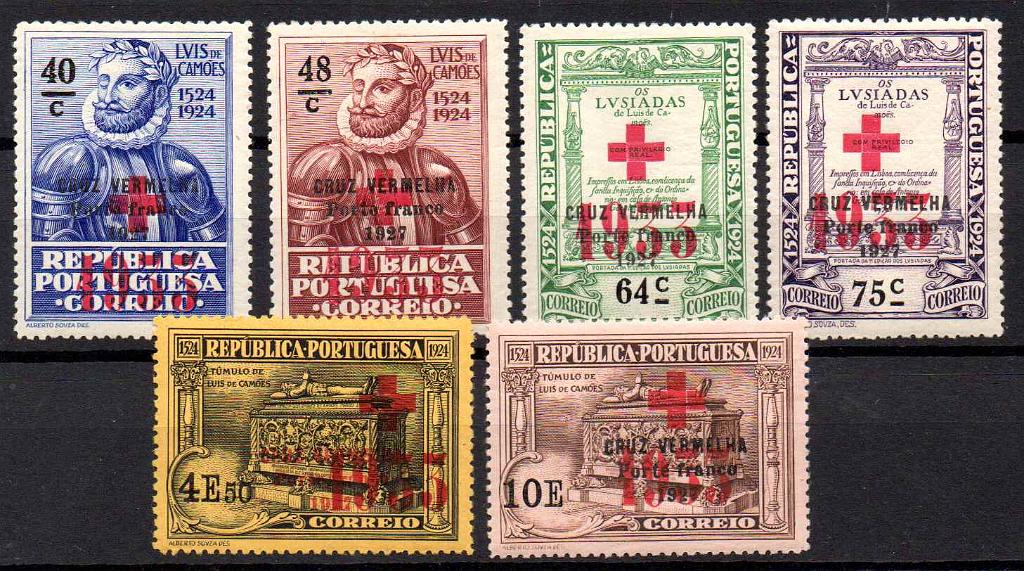 2713.jpg -     Lote:    2713      Lotes pelo Correio      Portugal       Descrição:         1933 &mdash; Porte franco. Cruz Vermelha Portuguesa. 4.º Centenário de Luís de Camões, com sobrecarga. CE 4&frac14;6. Série completa. Valor de catálogo &euro; 18,90.        **       Valor Base:     &euro; 4,00     Valor Venda:     &euro;      