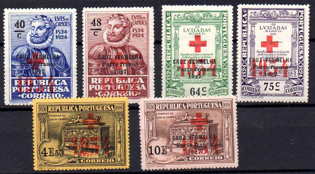 2714.jpg -     Lote:    2714      Lotes pelo Correio      Portugal       Descrição:         1934 &mdash; Porte franco. Cruz Vermelha Portuguesa. 4.º Centenário de Luís de Camões, com sobrecarga. CE 47/52. Série completa. Valor de catálogo &euro; 24.60.        **       Valor Base:     &euro; 4,00     Valor Venda:     &euro;      