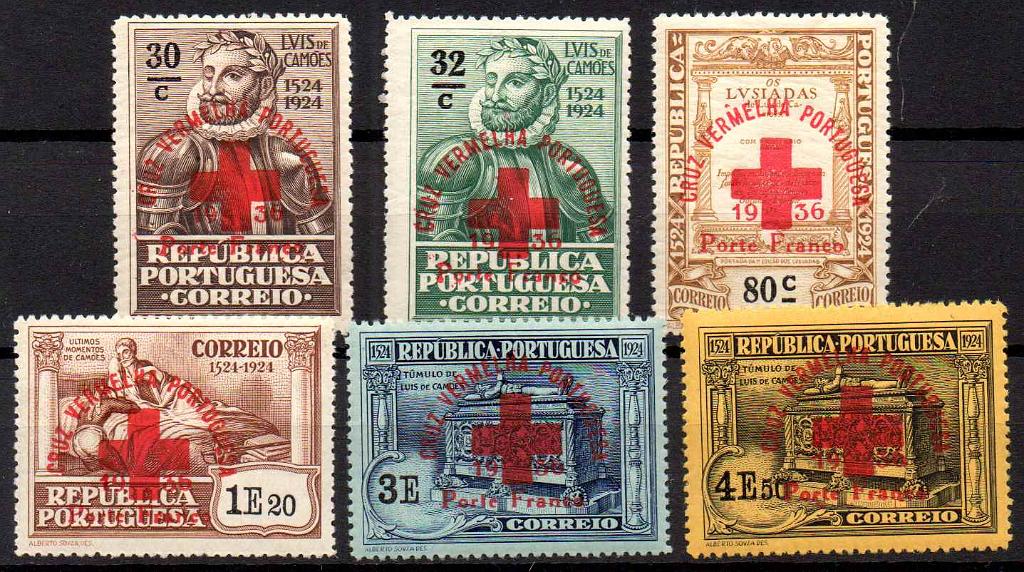 2715.jpg -     Lote:    2715      Lotes pelo Correio      Portugal       Descrição:         1936 &mdash; Porte franco. Cruz Vermelha Portuguesa. 4.º Centenário de Luís de Camões, com sobrecarga. CE 67/72. Série completa. Valor de catálogo &euro; 11.40.        **       Valor Base:     &euro; 4,00     Valor Venda:     &euro;      