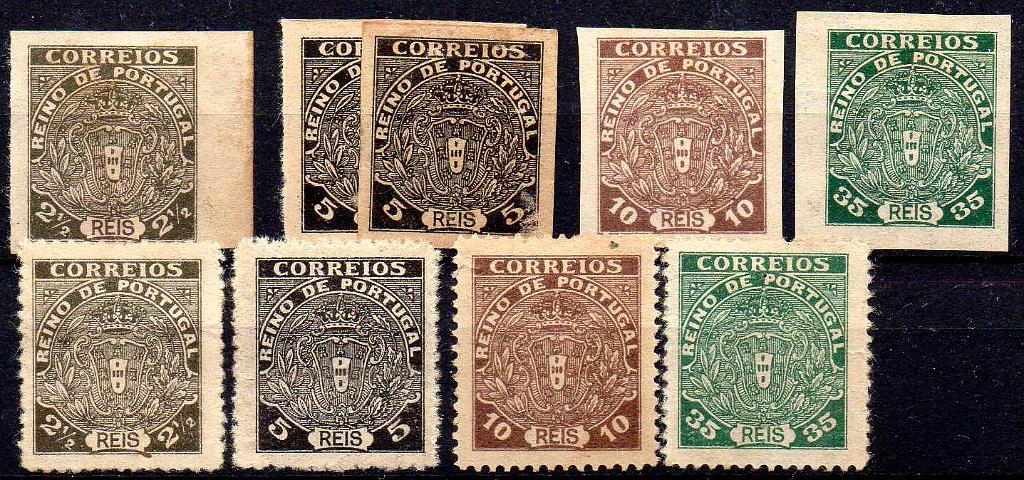 2720.jpg -     Lote:    2720      Lotes pelo Correio      Portugal       Descrição:         1919 &mdash; Escudo Monárquico do Norte. Não emitidos. CE NE &frac14;. Lote composto por duas séries completas, sendo uma denteada e outra não denteada.        **       Valor Base:     &euro; 8,00     Valor Venda:     &euro;      