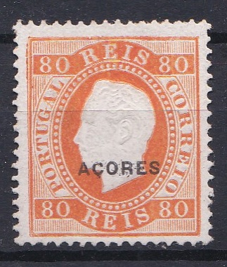 2725.jpg -     Lote:    2725      Lotes pelo Correio      Açores       Descrição:         1882/84 &mdash; D. Luís I. Fita direita. Selos do Continente com sobrecarga AÇORES. CE41, 80 reis, denteado 13 &frac12;. Valor de catálogo &euro; 200,00.        *       Valor Base:     &euro; 15,00     Valor Venda:     &euro;      