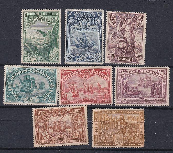2730.jpg -     Lote:    2730      Lotes pelo Correio      Açores       Descrição:         1898 &mdash; 4.º Centenário do Descobrimento do Caminho Marítimo para a Índia. CE88/95. Série completa. Alguns selos com goma não original. Lote a ver. Valor de catálogo &euro; 150,00.        **       Valor Base:     &euro; 12,00     Valor Venda:     &euro;      