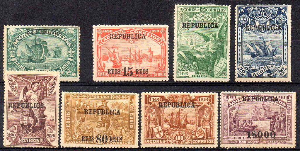 2732.jpg -     Lote:    2732      Lotes pelo Correio      Açores       Descrição:         1911/12 &mdash; 4.º Centenário do Descobrimento do Caminho Marítimo para a Índia, com sobrecarga REPUBLICA. CE135/142. Valor de catálogo &euro; 42,00.        **       Valor Base:     &euro; 5,00     Valor Venda:     &euro;      