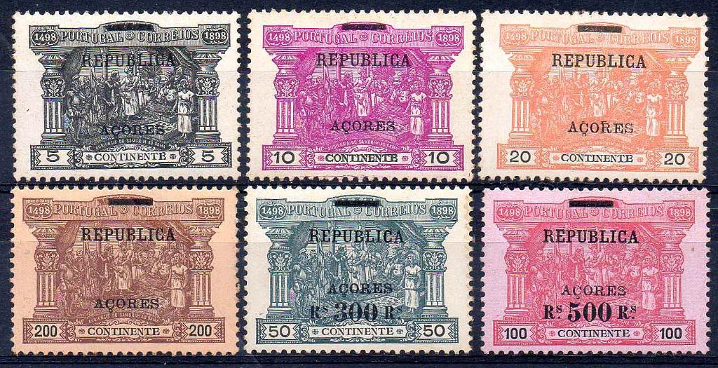 2734.jpg -     Lote:    2734      Lotes pelo Correio      Açores       Descrição:         1911/12. 4.º Centenário do Descobrimento do Caminho Marítimo para a Índia. Selos de Porteado do Continente com sobrecarga REPUBLICA e sobretaxa. CE 143/148. Série completa. Valor de catálogo &euro; 99,00.        (*)       Valor Base:     &euro; 10,00     Valor Venda:     &euro;      