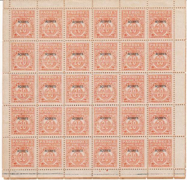 2740.jpg -     Lote:    2740      Lotes pelo Correio      Ponta Delgada       Descrição:         1925 &mdash; Imposto Postal. Padrões da Grande Guerra. Selos do Continente com sobrecarga "AÇORES". Dupla folha com 30 selos cada folha.        ***       Valor Base:     &euro; 10,00     Valor Venda:     &euro;      