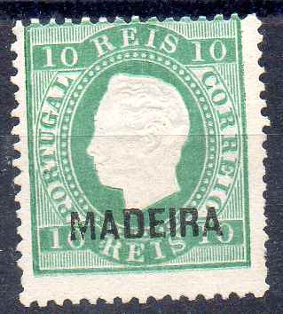 2753.jpg -     Lote:    2753      Lotes pelo Correio      Madeira       Descrição:         1879/80 &mdash; D. Luís I. Fita direita. CE27, 10 reis verde-azul, denteado 12 &frac12;. Valor de catálogo &euro; 250,00. Selo sem goma.        *       Valor Base:     &euro; 15,00     Valor Venda:     &euro;      
