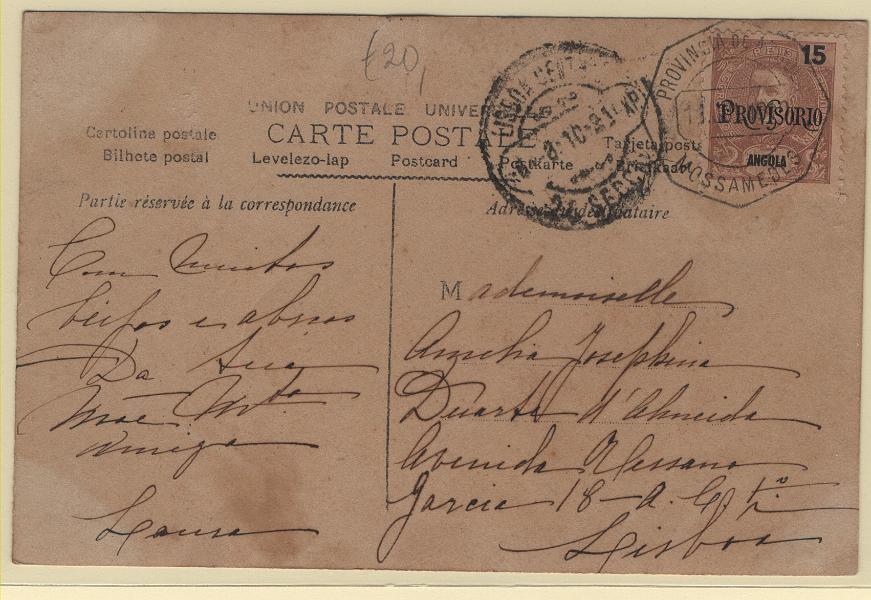 2761.jpg -     Lote:    2761      Lotes pelo Correio      Angola       Descrição:         1902 &mdash; D. Carlos I Mouchon. Sobrecarga PROVISORIO. CE75, 15 reis. Selo em postal ilustrado circulado de Moçamedes (11.07.10) para Lisboa (06.08.10).        PI       Valor Base:     &euro; 12,00     Valor Venda:     &euro;      