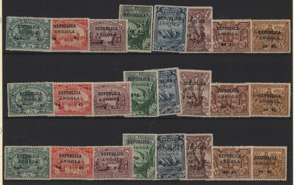 2762.jpg -     Lote:    2762      Lotes pelo Correio      Angola       Descrição:         1913 &mdash; 4.º Centenário do Descobrimento do Caminho Marítimo para a Índia, com sobrecarga REPUBLICA e sobretaxa, sobre selos de África, Macau e Timor. CE 118/145. As três séries completas. Valor de catálogo &euro; 93,00.        **       Valor Base:     &euro; 18,00     Valor Venda:     &euro;      
