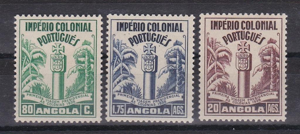 2764.jpg -     Lote:    2764      Lotes pelo Correio      Angola       Descrição:         1938 &mdash; Primeira Viagem Presidencial. CE 278/278. Série completa com ligeiro sinal de charneira. Valor de catálogo &euro;117,00.        **       Valor Base:     &euro; 20,00     Valor Venda:     &euro;      