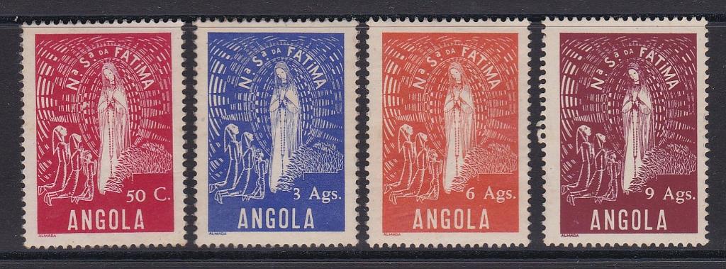 2765.jpg -     Lote:    2765      Lotes pelo Correio      Angola       Descrição:         1948 &mdash; Nossa Senhora de Fátima. CE 302/305. Série completa com goma não original.        (*)       Valor Base:     &euro; 12,00     Valor Venda:     &euro;      