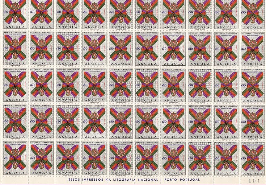 2771.jpg -     Lote:    2771      Lotes pelo Correio      Angola       Descrição:         1967 &mdash; Ordens Honoríficas Portuguesas. CE 521/530. Série completa em folhas em blocos de 50 selos. Valor de catálogo &euro; 375,00.        ***       Valor Base:     &euro; 20,00     Valor Venda:     &euro;      