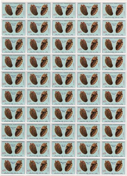 2772.jpg -     Lote:    2772      Lotes pelo Correio      Angola       Descrição:         1974 &mdash; Conchas de Angola. CE 562/581. Série completa em &frac12; folhas com 50 selos. Valor de catálogo &euro; 950,00.        ***       Valor Base:     &euro; 30,00     Valor Venda:     &euro;      