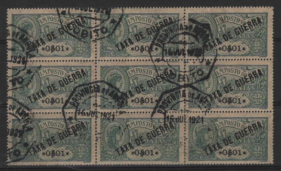 2775.jpg -     Lote:    2775      Lotes pelo Correio      Angola       Descrição:         1919 &mdash; Selos fiscais, com sobrecarga "TAXA DE GUERRA". Emissão para África com utilização na Província de Angola. CE IP1. Bloco com 9 selos, obliterados com marca do dia do LOBITO.        O       Valor Base:     &euro; 5,00     Valor Venda:     &euro;      