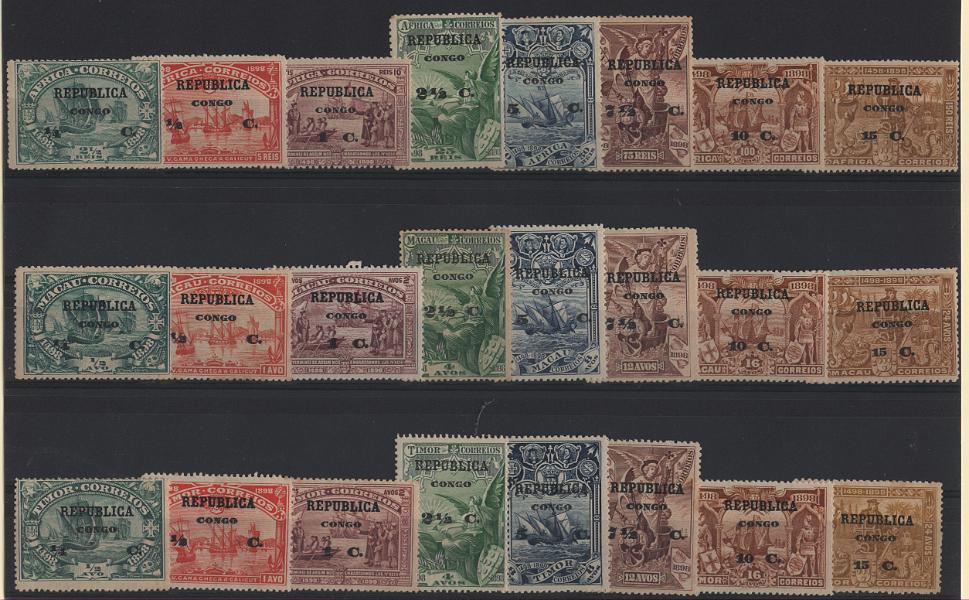 2776.jpg -     Lote:    2776      Lotes pelo Correio      Congo       Descrição:         1913 &mdash; 4.º Centenário do Descobrimento do Caminho Marítimo para a Índia, com sobrecarga REPUBLICA e sobretaxa, sobre selos de África, Macau e Timor. CE 78/98. As três séries completas. Valor de catálogo &euro; 79,00.        **       Valor Base:     &euro; 16,00     Valor Venda:     &euro;      