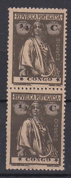 2777.jpg -     Lote:    2777      Lotes pelo Correio      Congo       Descrição:         1914 &mdash; Ceres. CE99, &frac14; c, papel liso médio amarelado, denteado 15x14. Par vertical de selos com estrelas III/IV e IV/II. Valor de catálogo &euro; 24,00.        ***       Valor Base:     &euro; 5,00     Valor Venda:     &euro;      