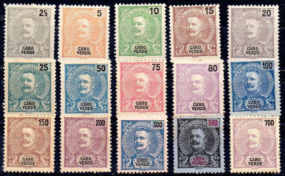 2779.jpg -     Lote:    2779      Lotes pelo Correio      Cabo Verde       Descrição:         1898/1901 &mdash; D. Carlos I, tipo Mouchon. CE 37/51. Série completa. Selo de 500 reis com pontos de óxido. Restantes selos sem goma ou com goma não original. Lote a ver. Valor de catálogo &euro; 170,00.        (*)       Valor Base:     &euro; 20,00     Valor Venda:     &euro;      