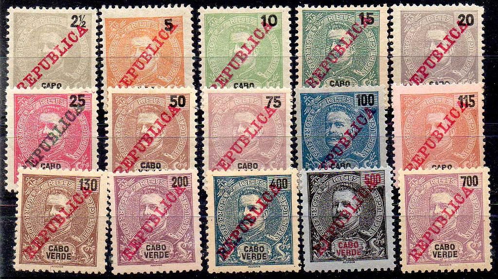2780.jpg -     Lote:    2780      Lotes pelo Correio      Cabo Verde       Descrição:         1911 &mdash; D. Carlos I Mouchon, com sobrecarga REPUBLICA da Casa da Moeda. CE 86/100. Série completa. Valor de catálogo &euro; 59,00.        **       Valor Base:     &euro; 12,00     Valor Venda:     &euro;      