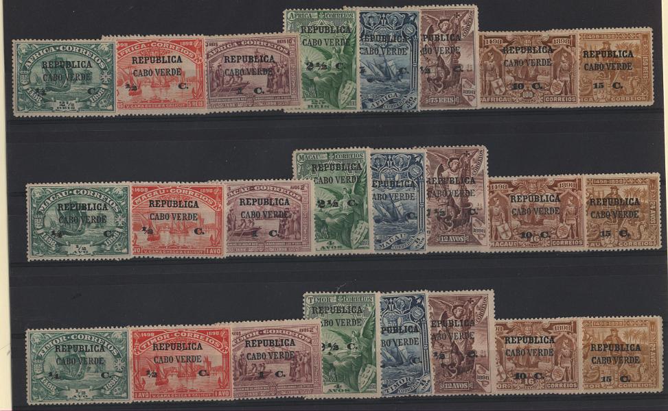 2782.jpg -     Lote:    2782      Lotes pelo Correio      Cabo Verde       Descrição:         1913 &mdash; 4.º Centenário do Descobrimento do Caminho Marítimo para a Índia, com sobrecarga REPUBLICA e sobretaxa, sobre selos de África, Macau e Timor. CE113/136. As três séries completas. Valor de catálogo &euro; 109,00.        **       Valor Base:     &euro; 22,00     Valor Venda:     &euro;      