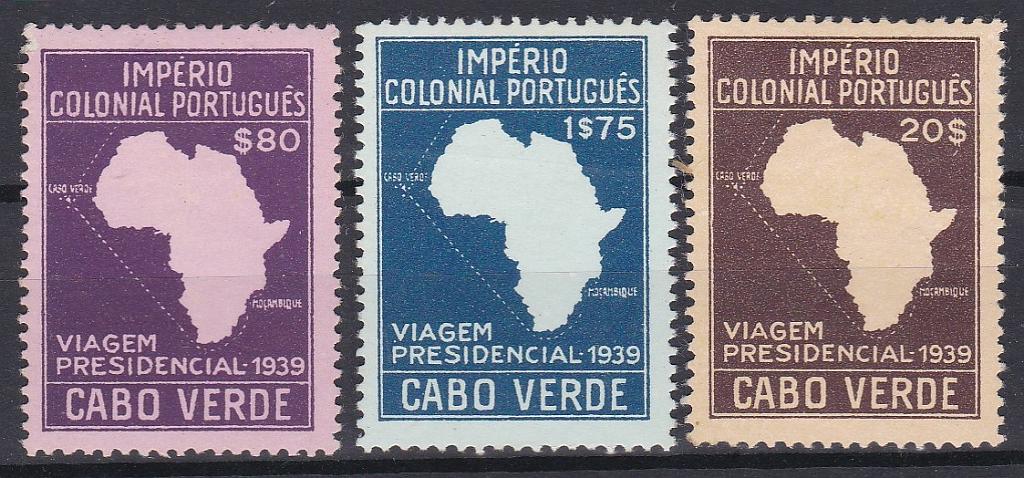 2783.jpg -     Lote:    2783      Lotes pelo Correio      Cabo Verde       Descrição:         1939 &mdash; Segunda Viagem Presidencial às Colónias. CE 236/238. Série completa. Selos com vestígios de óxido no verso.        **       Valor Base:     &euro; 15,00     Valor Venda:     &euro;      