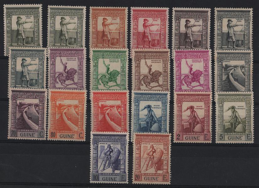 2790.jpg -     Lote:    2790      Lotes pelo Correio      Guiné       Descrição:         1938 &mdash; Império Colonial Português + idem Correio Aéreo. Lote com as duas séries completas. CE223/240 com sinal de charneira e selos de 20$00 com vestígios de óxido + CE CA 1/9 sem sinal de charneira. Valor de catálogo &euro; 220,00.        **/***       Valor Base:     &euro; 30,00     Valor Venda:     &euro;      