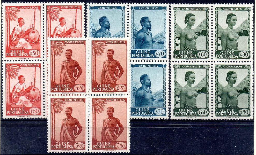 2792.jpg -     Lote:    2792      Lotes pelo Correio      Guiné       Descrição:         1948 &mdash; Motivos da Guiné. CE 252/254, 258. Lote de 4 quadras. Valor de catálogo &euro; 54,40.        ***       Valor Base:     &euro; 8,00     Valor Venda:     &euro;      