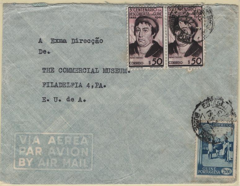2793.jpg -     Lote:    2793      Lotes pelo Correio      Guiné       Descrição:         1946/48 &mdash; 5.º Centenário da Descoberta da Guiné + Motivos da Guiné. Sobrescrito circulado de Bissau (19.12.??) para os EUA com par de selos de $50 CE243 e selo de 2$50 CE258.        Carta       Valor Base:     &euro; 18,00     Valor Venda:     &euro;      