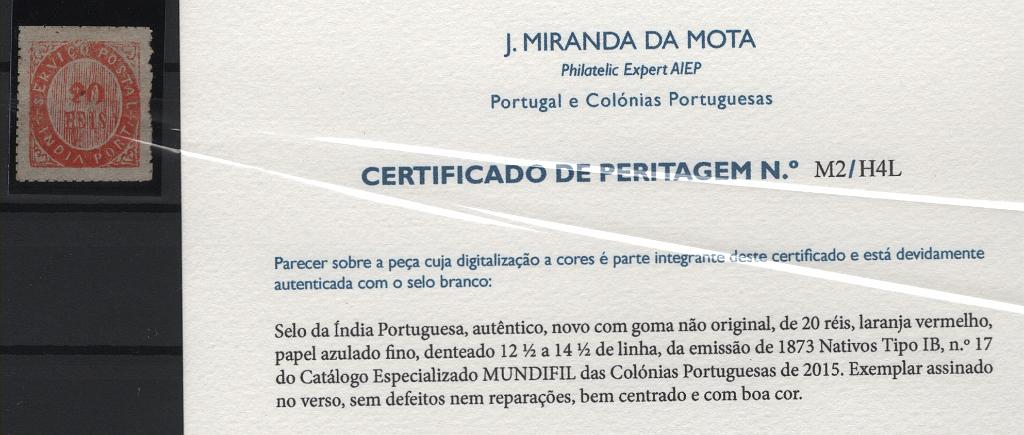 2799.jpg -     Lote:    2799      Lotes pelo Correio      Índia       Descrição:         1873 &mdash; Tipo Nativos. Tipo IB. CE17, 20 reis laranja-vermelho, papel azulado fino. Exemplar assinado no verso, sem defeitos nem reparações, com leves pontos de óxido e com boa cor. Certificado de Peritagem J. Miranda da Mota. Valor de catálogo &euro; 32,00.        **       Valor Base:     &euro; 6,00     Valor Venda:     &euro;      