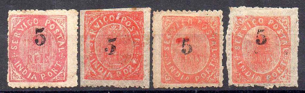 2803.jpg -     Lote:    2803      Lotes pelo Correio      Índia       Descrição:         1881 &mdash; Nativos, com sobretaxa. Lote composto por 4 selos: CE63, 5 s/ 15 reis, tipo IIA, sobrecarga tipo A + 3 selos CE64, 5 s/ 20 reis, tipo IIIB, sobrecarga B e 2 x tipo ID, sobrecarga B. Valor de catálogo &euro; 45,00.        **       Valor Base:     &euro; 6,00     Valor Venda:     &euro;      