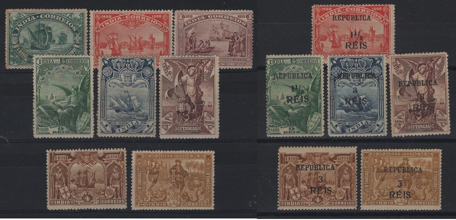 2806.jpg -     Lote:    2806      Lotes pelo Correio      Índia       Descrição:         1898/1913 &mdash; 4.º Centenário do Descobrimento do Caminho Marítimo para a Índia + idem, com sobrecarga REPUBLICA + idem, com sobretaxa. CE 147/154 + CE 246/253 + CE305/310. As três séries completas. Valor de catálogo &euro; 68,00.        **       Valor Base:     &euro; 14,00     Valor Venda:     &euro;      