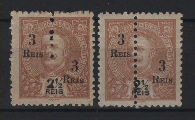 2810.jpg -     Lote:    2810      Lotes pelo Correio      Índia       Descrição:         1911/13 &mdash; D. Carlos I Mouchon, perfurados ao meio, com sobretaxa. CE235, 3 s/ 2 &frac12; reis. Lote com dois selos, incluindo um selo com "S" invertido e outro com "E" grande. Valor de catálogo &euro; 40,00.        *       Valor Base:     &euro; 10,00     Valor Venda:     &euro;      