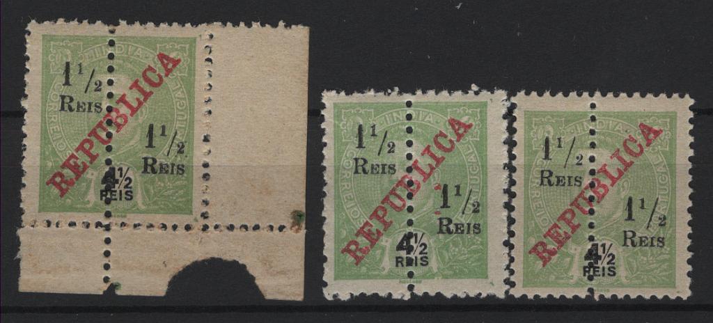 2812.jpg -     Lote:    2812      Lotes pelo Correio      Índia       Descrição:         1911/13 &mdash; D. Carlos I Mouchon, com sobrecarga REPUBLICA da Casa da Moeda, perfurados ao meio, com sobretaxa. CE243, 1 &frac12; s/ 4 &frac12; reis. Lote com 2 selos completos com os dois traços de fracção curtos + selo normal para comparação. Valor de catálogo &euro; 40,00.        ***       Valor Base:     &euro; 10,00     Valor Venda:     &euro;      