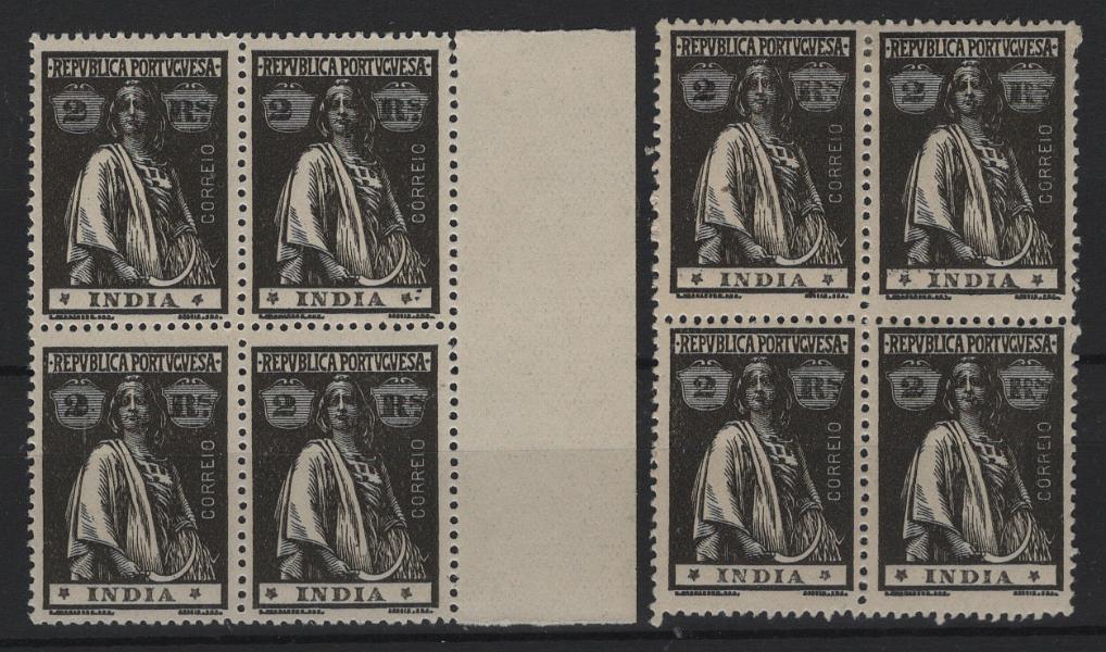 2813.jpg -     Lote:    2813      Lotes pelo Correio      Índia       Descrição:         1914 &mdash; Ceres. CE256, 2 reis preto, denteado 15x14, papel pontinhado, estrelas pequenas e defeituosas, tipo II/II. Lote com duas quadras, com dois selos com sinal de charneira, restantes sem sinal. Valor de catálogo &euro; 99,40.        ***/**       Valor Base:     &euro; 15,00     Valor Venda:     &euro;      