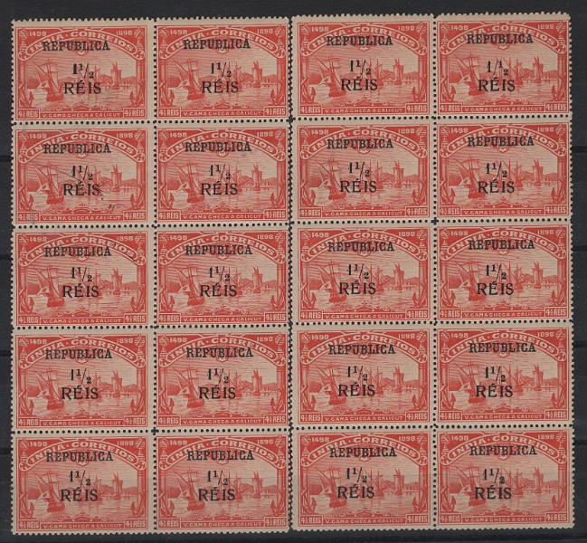 2816.jpg -     Lote:    2816      Lotes pelo Correio      Índia       Descrição:         1914 &mdash; 4.º Centenário do Descobrimento do Caminho Marítimo para a Índia, com sobrecarga REPUBLICA e sobretaxa. CE305, 1 &frac12; reis s/ 4 &frac12; reis. Bloco com 20 selos, com variedades "1" grosso, /12 em vez de &frac12;. Valor de catálogo &euro; 100,00.        ***       Valor Base:     &euro; 15,00     Valor Venda:     &euro;      