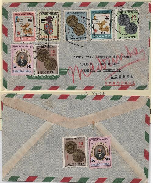 2819.jpg -     Lote:    2819      Lotes pelo Correio      Índia       Descrição:         1959 &mdash; Selos de 1946 a 1958, com sobretaxa + Moedas. Sobrescrito circulado de Vasco da Gama (31.10.60) para Lisboa com selos CE484, 493, 2x498, 505, 2x506 e 507.        Carta       Valor Base:     &euro; 8,00     Valor Venda:     &euro;      