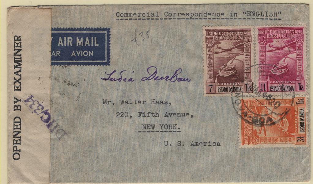 2820.jpg -     Lote:    2820      Lotes pelo Correio      Índia       Descrição:         1938 &mdash; Correio aéreo. Império Colonial Português. Sobrescrito circulado por via aérea de Nova Goa (23.03.45) para os EUA com selos de 3 &frac12;, 7 e 11Tgs CE CA3, 5 e 8.        Carta       Valor Base:     &euro; 20,00     Valor Venda:     &euro;      