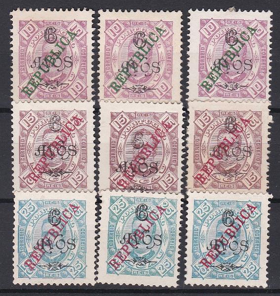 2827.jpg -     Lote:    2827      Lotes pelo Correio      Macau       Descrição:         1913 &mdash; D. Carlos, tipo Diogo Neto, com sobretaxa e sobrecarga REPUBLICA local. CE 172/174. Lote com três selos de cada valor. Valor de catálogo &euro; 135,00.        *       Valor Base:     &euro; 25,00     Valor Venda:     &euro;      