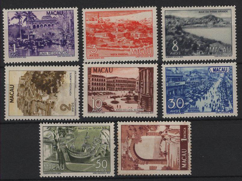 2834.jpg -     Lote:    2834      Lotes pelo Correio      Macau       Descrição:         1950/51. Motivos locais. Novas cores. CE 341/348. Série completa. Selo de 1P com pontos de óxido. Valor de catálogo &euro; 100,00.        **       Valor Base:     &euro; 10,00     Valor Venda:     &euro;      